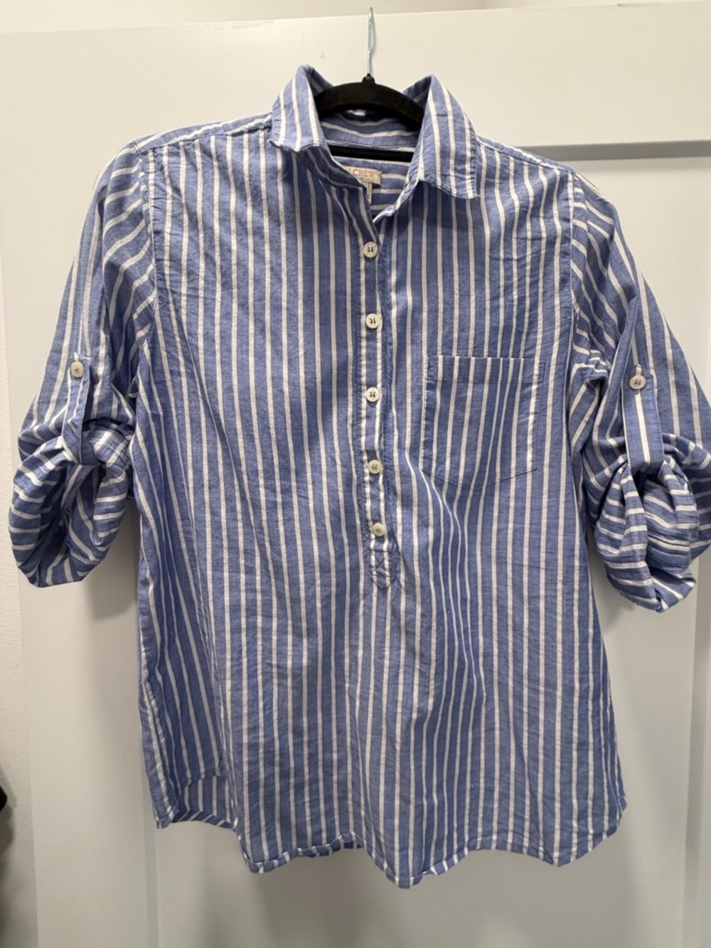 J. Crew Factory Blue and White Striped Casual Collared Pop Over With Tab Sleeves